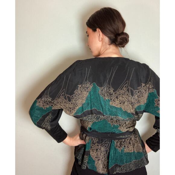 Maple Anthropologie Twilight Navy Aqua Abstract Silk Wrap Blouse ~ Sz 6 ~ Deco - Picture 3 of 8